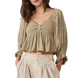 Free People Top Medium Brown Smocked Babydoll Peplum Floral Boho